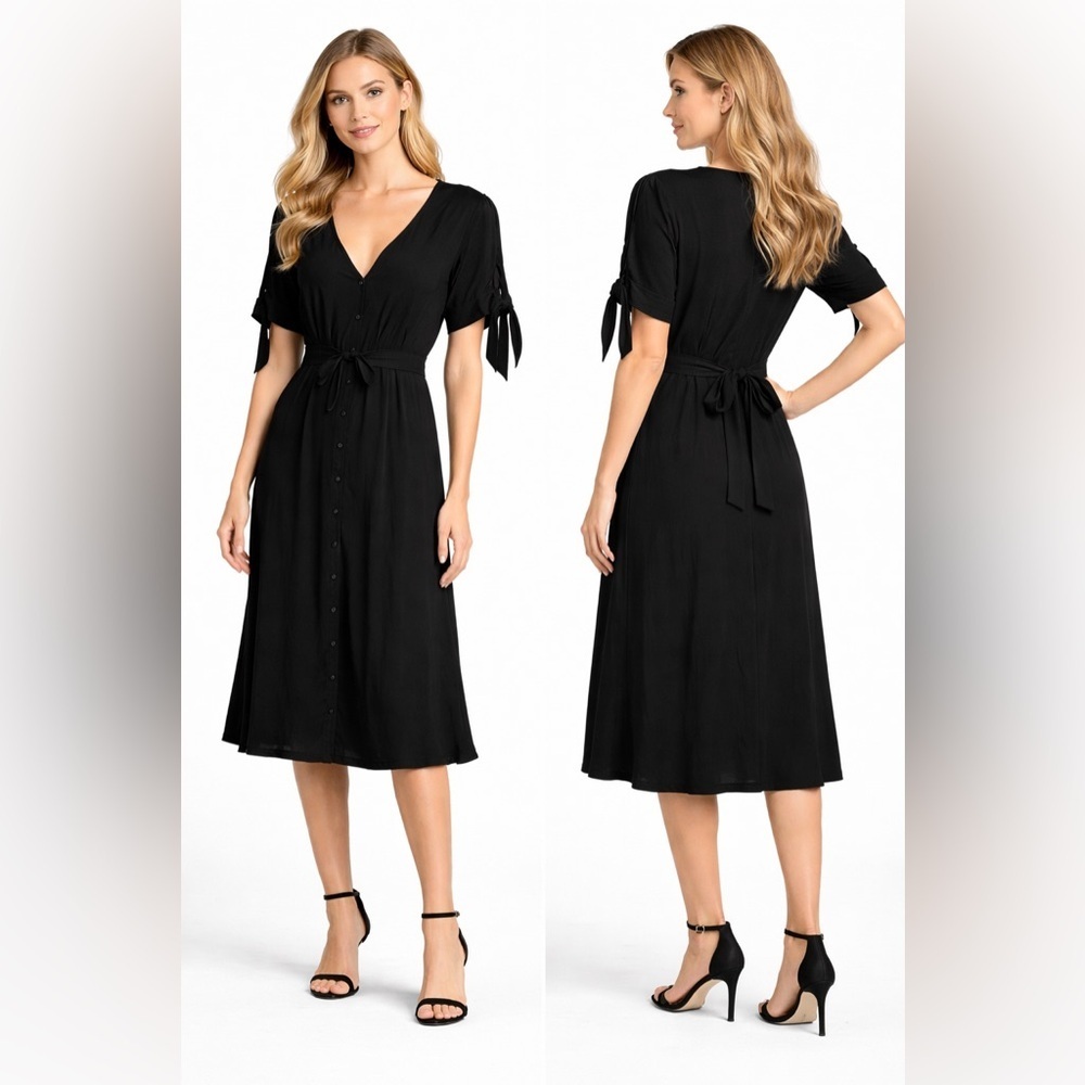 Express Black Button Front Midi Dress Tie Sleeve Bow Back Size M